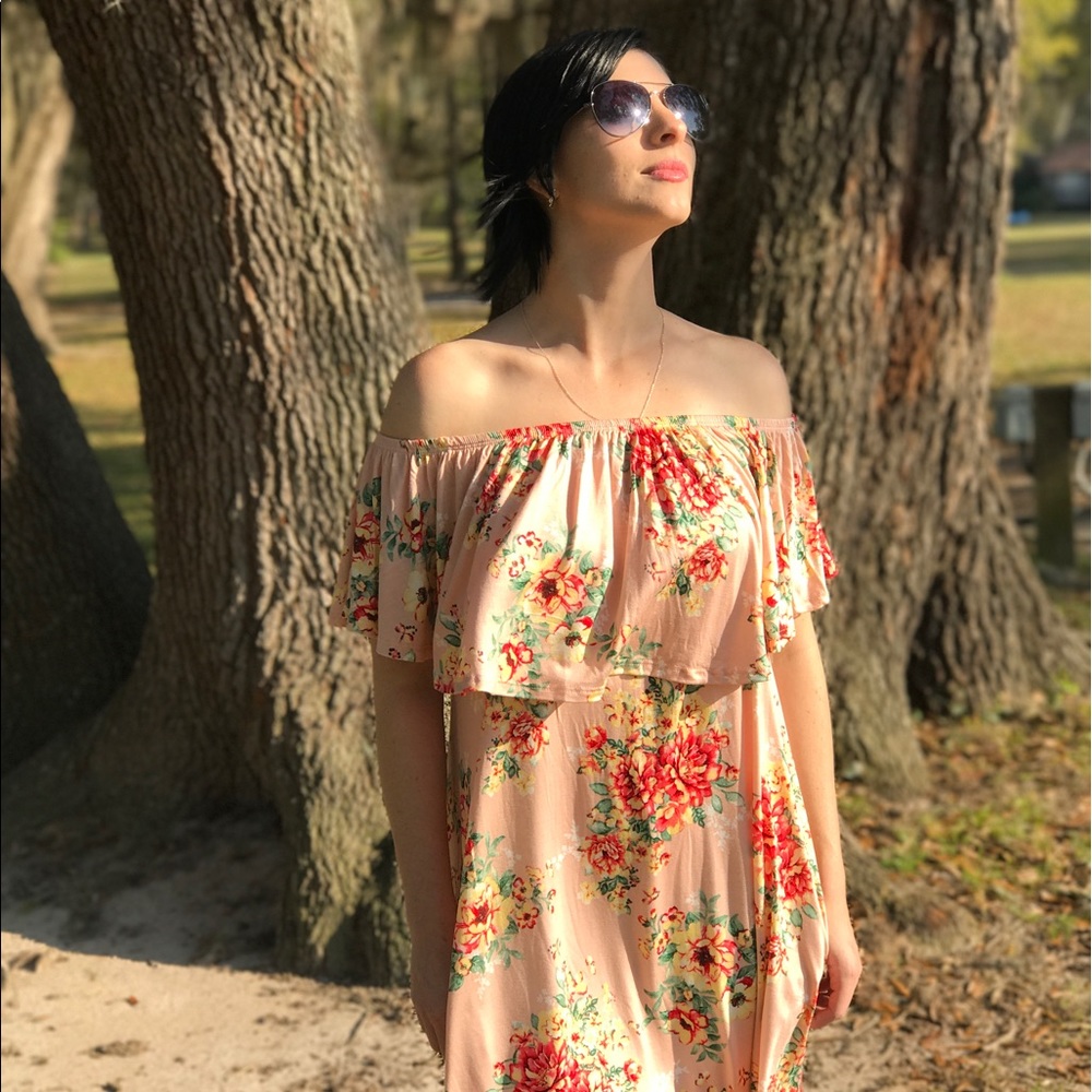 Blush Floral Off the Shoulder Ruffle Dress Made in USA, perfect casual or vacay
